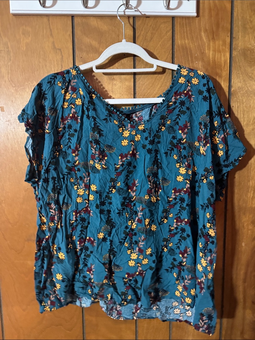 Teal Floral Short-Sleeve V-Neck Blouse
